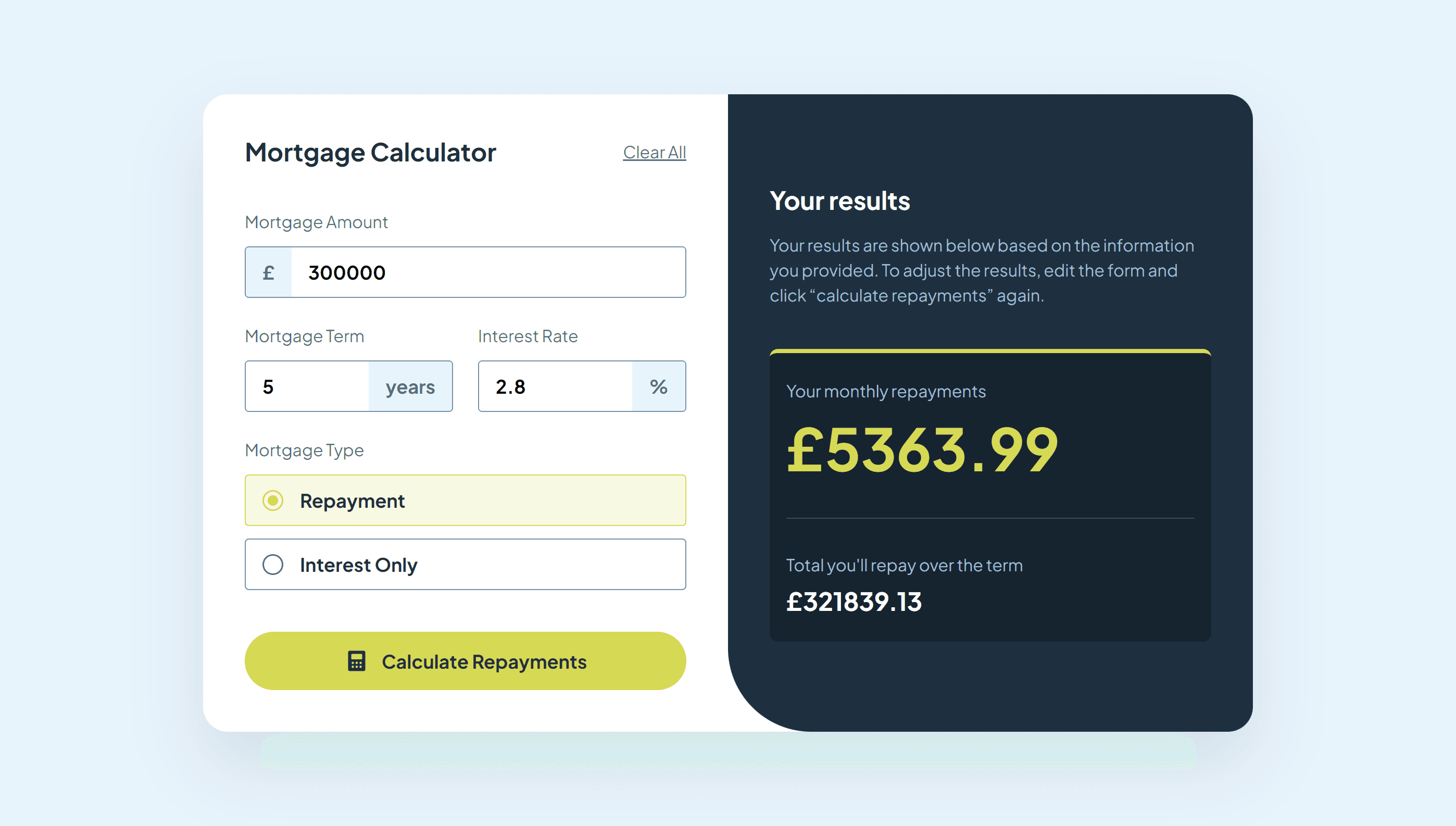 snapshot of project - Mortgage Calculator